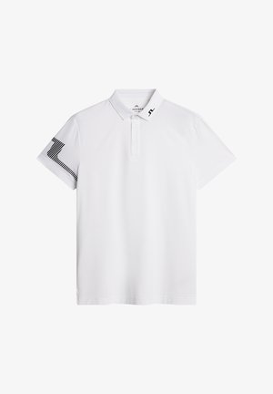 Weißes Polohemd mit Kragen, kurzem Arm und einem schwarzen geometrischen Muster am linken Ärmel. Aus glattem Stoff gefertigt.