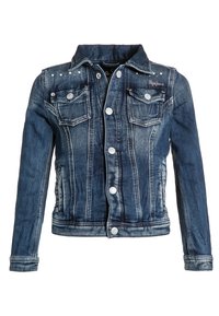 Denim jacket featuring a dark blue wash, two chest pockets, silver button closures, and decorative studs along the collar and shoulders.