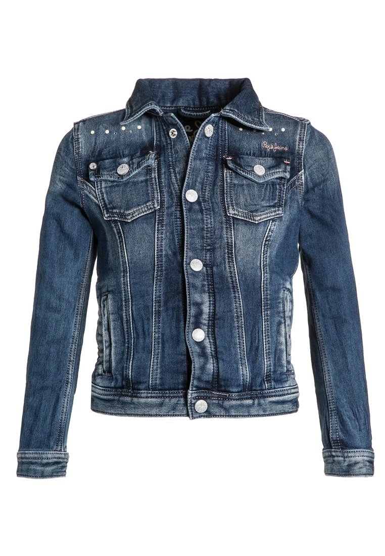 Denim jacket featuring a dark blue wash, two chest pockets, silver button closures, and decorative studs along the collar and shoulders.