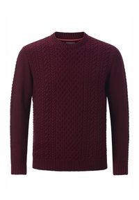 Bordeauxroter Pullover mit strukturiertem Zopfmuster, Rundhalsausschnitt sowie gerippten Bündchen und Saum für eine figurbetonte Passform.