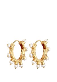 Auksinės tonavimo auskarai su tekstūruota paviršiumi, papuošti mažomis baltomis perlų eilėmis aplink išorinį kraštą. Turintys saugų uždarymą.