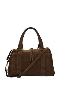 Sac à main en daim marron avec deux poignées et une bandoulière amovible. Il présente des liens décoratifs et des accents en laiton. Forme rectangulaire.