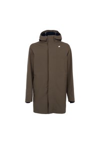 Cappotto impermeabile marrone con cappuccio, dotato di chiusura frontale con zip, maniche lunghe e un logo sul lato sinistro del petto. Texture liscia.
