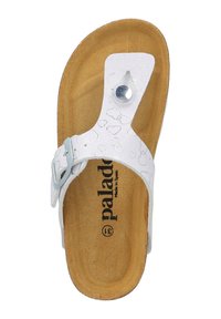 White flip-flop sandal with heart-patterned footbed, silver accent buckle, and a tan cork sole. Features a toe post design.