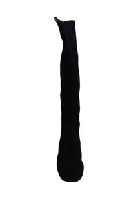 Bota de ante negra hasta la rodilla con un diseño ajustado y elegante, punta redondeada y cremallera lateral para facilitar su uso. Textura suave sin patrones visibles.
