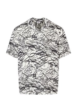 Korte mouwen shirt van witte stof met een zwart abstracte werveling patroon, met een ontspannen pasvorm en een traditioneel kraagontwerp.