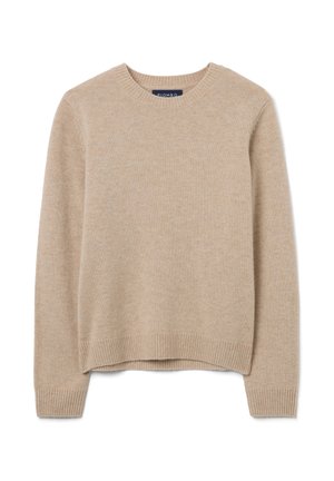 Beige sweater made of soft knit fabric, featuring a round neckline, ribbed cuffs, and a straight hem. Simple, versatile design.