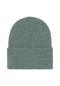 Gorro de punto verde jaspeado con puño vuelto, diseño sencillo y textura suave sobre un fondo blanco.