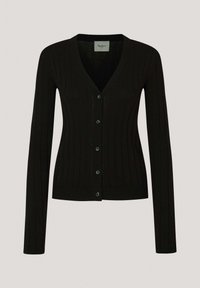 Černý, vroubkovaný cardigan s véčkovým výstřihem a dlouhými rukávy, se šesti předními knoflíky a jemným texturovaným detailem.