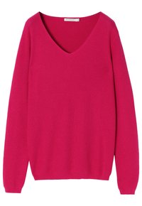 Różowy sweter z prążkowanego materiału z dekoltem w kształcie litery V, długimi rękawami i luźnym krojem. Gładka faktura z delikatnym rozciągnięciem.