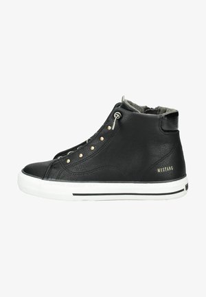 Black high-top sneakers with a textured leather upper, silver eyelets, and a white rubber sole featuring a black stripe. Fleece lining visible.