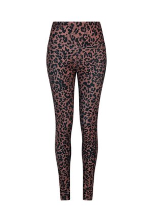 Legging met luipaardprint in een roze en zwarte kleurenschema, met een slim-fit ontwerp en hoge tailleband, gemaakt van rekbare stof.