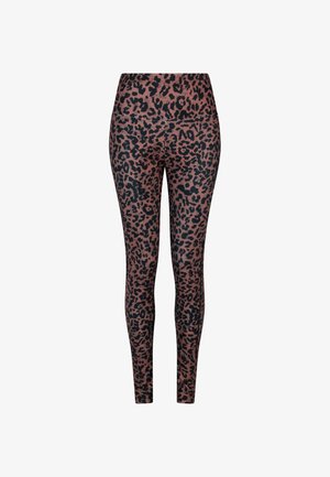 Löwenmuster-Leggings in einem Rosa- und Schwarzfarbenschema, mit enganliegender Passform und hohem Bund, gefertigt aus elastischem Material.