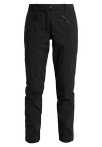 Pantalon softshell noir avec une coupe ajustée, équipé de poches zippées, d'une texture lisse et d'une fermeture à bouton à la taille.