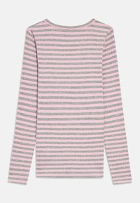 Langermet topp med ribbet tekstur, lyserosa og grå horisontale striper, og rund halsringning. Vist bakfra.