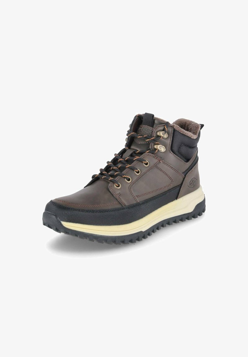 Braune Leder-Wanderschuhe mit gepolstertem Schaft, gummierter Sohle und metallischen Ösen. Verfügt über eine kontrastierende cremefarbene Zwischensohle und schwarze Akzente.