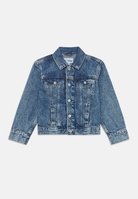 Veste en denim de couleur bleu clair avec une coupe classique, fermeture à boutons sur le devant, deux poches poitrine et manches longues. Présente un col pointu et une texture décolorée.