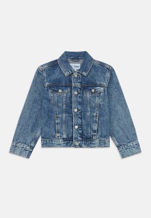 Veste en denim de couleur bleu clair avec une coupe classique, fermeture à boutons sur le devant, deux poches poitrine et manches longues. Présente un col pointu et une texture décolorée.
