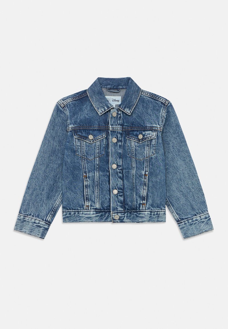 Veste en denim de couleur bleu clair avec une coupe classique, fermeture à boutons sur le devant, deux poches poitrine et manches longues. Présente un col pointu et une texture décolorée.