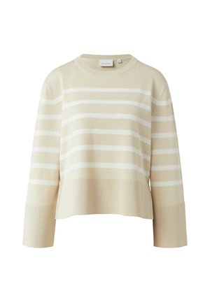 Beżowo-biały, paskowany, długi sweter dzianinowy z prążkowanymi mankietami i dołem, okrągłym dekoltem oraz luźnym krojem.