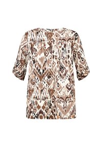Bruine en crèmekleurige blouse met patroon, met een ontspannen pasvorm, halve mouwen en een ronde halslijn. Bevat een ikatprint met een gestructureerd oppervlak.