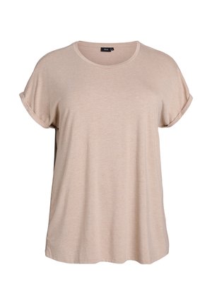 Beige T-paita, joka on valmistettu pehmeästä kankaasta, jossa on pyöreä kaula-aukko ja käännetyt lyhyet hihat. Löysä istuvuus, jossa on hienovarainen tekstuuri.