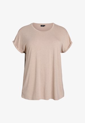 Camiseta beige de tela suave, con escote redondo y mangas cortas enrolladas. Corte holgado con una textura sutil.