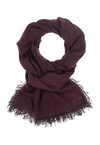 Sciarpa di un viola scuro realizzata in tessuto leggero, con bordo frangiato e un piccolo logo di accento. Texture morbida con un design sciolto e drappeggiato.