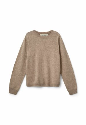 Pull beige en maille à manches longues avec col rond, poignets et bas côtelés, posé à plat sur fond blanc.