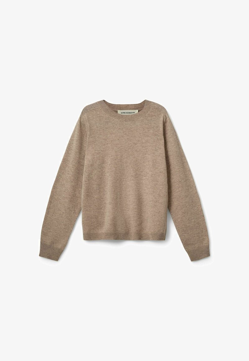 Pull beige en maille à manches longues avec col rond, poignets et bas côtelés, posé à plat sur fond blanc.
