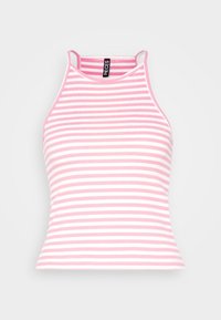 Pruhovaný halter top v růžové a bílé barvě, vyrobený z jemného žebra. Obsahuje tenké ramínka a přiléhavý siluetu. Jednoduchý a všestranný design.