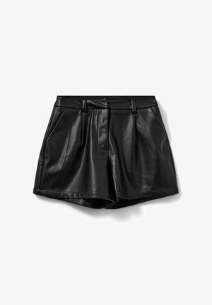 Black leather shorts with a high waist, pleats at the front, side pockets, and a smooth texture. Ends with a clean hem.
