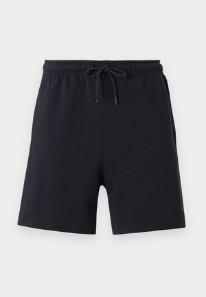 Black cotton shorts with an elastic waistband and drawstring, featuring a simple design and smooth texture.