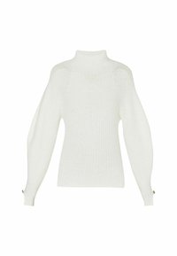 Pull blanc en maille côtelée avec col haut et manches longues bouffantes se rétrécissant aux poignets ajustés ornés de petits boutons.
