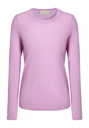 Helles rosa Langarmshirt mit Rundhalsausschnitt, aus geripptem Stoff gefertigt. Hat ein einfaches Design und subtile Nähdetails.