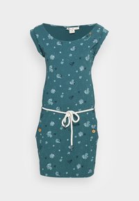 Turkusowa sukienka z krótkimi rękawami, z motywem wodnym, z szabem w talii i dwoma bocznymi kieszeniami z drewnianymi guzikami.