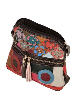 Mehrfarbige Ledertasche mit floralen Applikationen, Reißverschluss, dekorativen Quasten und runden Akzenten in verschiedenen Farben. Rechteckige Form.