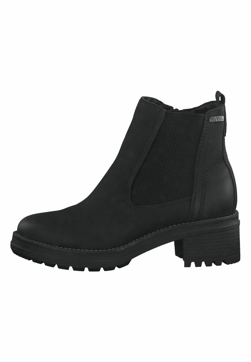 Bottine en cuir noir avec panneau latéral élastique, languette au talon, semelle en caoutchouc épaisse et petit talon carré.