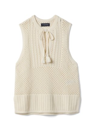 Chaleco sin mangas de punto color crema con patrón de tejido abierto, dobladillo acanalado y lazo frontal con borlas debajo del escote redondo.