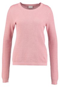 Light pink knit sweater featuring a textured stitch pattern, round neckline, and long sleeves. Ribbed cuffs and hem for added detail.