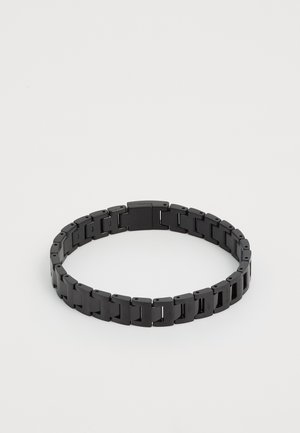 Black metal bracelet with rectangular links, featuring a smooth finish and clasp closure. Uniform design with no visible patterns or accents.