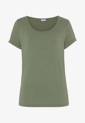 Olivgrünes T-Shirt mit kurzen Ärmeln aus weichem Stoff, mit einem runden Halsausschnitt und hochgerollten Ärmelsäumen. Klassische Passform.