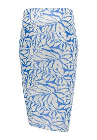 Gonna a matita blu e bianca con un design a motivo foglia. Il materiale ha una texture liscia, con una silhouette aderente e dettagli sulle cuciture laterali.