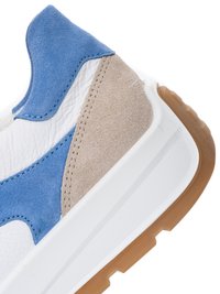 Heel and midsole of a sneaker with blue suede, beige suede, white textured leather, and a white sole with a brown rubber outsole.