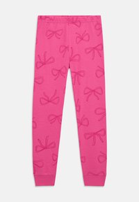 Vaaleanpunaiset leggingsit pehmeästä kankaasta, joissa on koko vartalon kattava kuvio rajatuista kaarista. Elastinen vyötärö ja kapeat lahkeet.