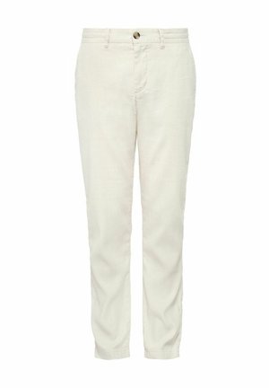Jasne beżowe, dopasowane spodnie o prostym kroju, z zapięciem na jeden guzik i kieszeniami bocznymi. Wykonane z miękkiego, strukturalnego materiału.