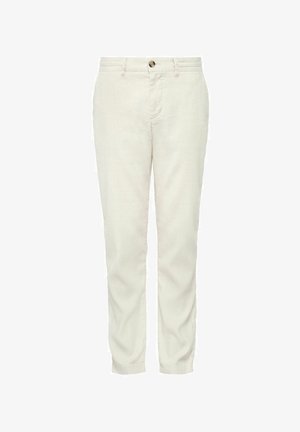 Jasne beżowe, dopasowane spodnie o prostym kroju, z zapięciem na jeden guzik i kieszeniami bocznymi. Wykonane z miękkiego, strukturalnego materiału.