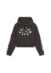 Haut à capuche noir court avec une poche kangourou à l'avant, texte graphique blanc et logo circulaire sur la poitrine, et motifs de flammes le long des manches.