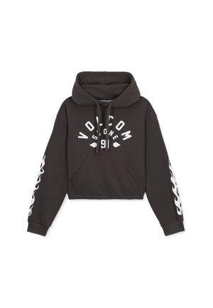 Zwarte cropped hoodie met een voorzak in kangoeroestijl, witte grafische tekst en een cirkelvormig logo op de borst, en vlamontwerpen langs de mouwen.