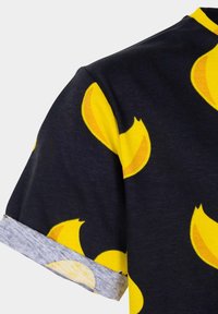 Black short-sleeve shirt with a yellow duck pattern; gray fabric at the sleeve cuffs; cotton material.